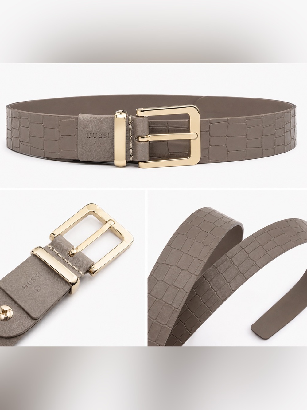 Mussi Taupe Croc-Embossed Leather Belt with Gold Buckle